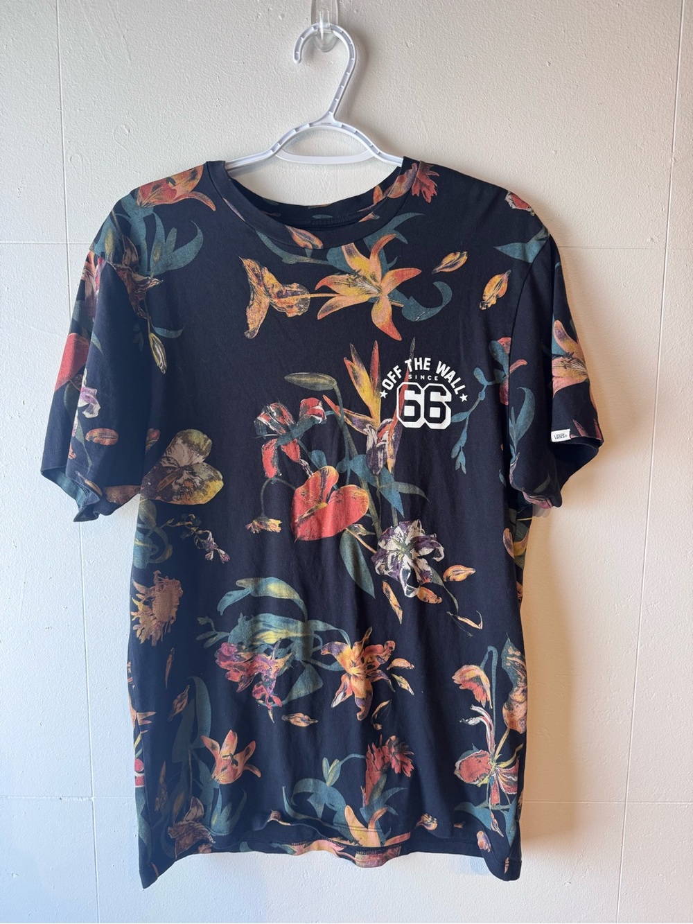 Vans Black Floral Short Sleeve Tee with Off The Wall 66 Chest Logo